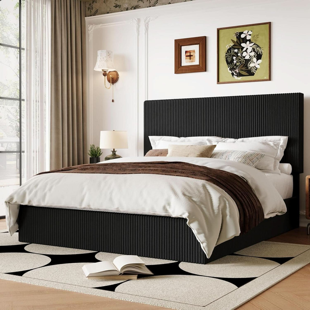 Full Upholstered Platform Bed Frame Corduroy Black