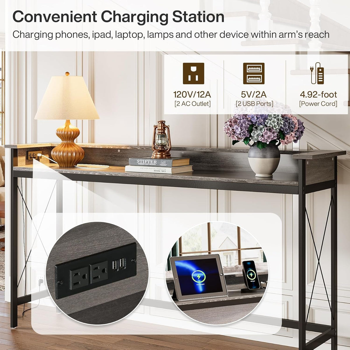 Industrial Grade Sofa Console Table With USB Outlets