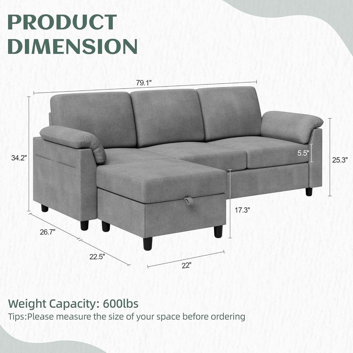 Comfortable L Shaped Convertible Sectional Sofa with Pillows