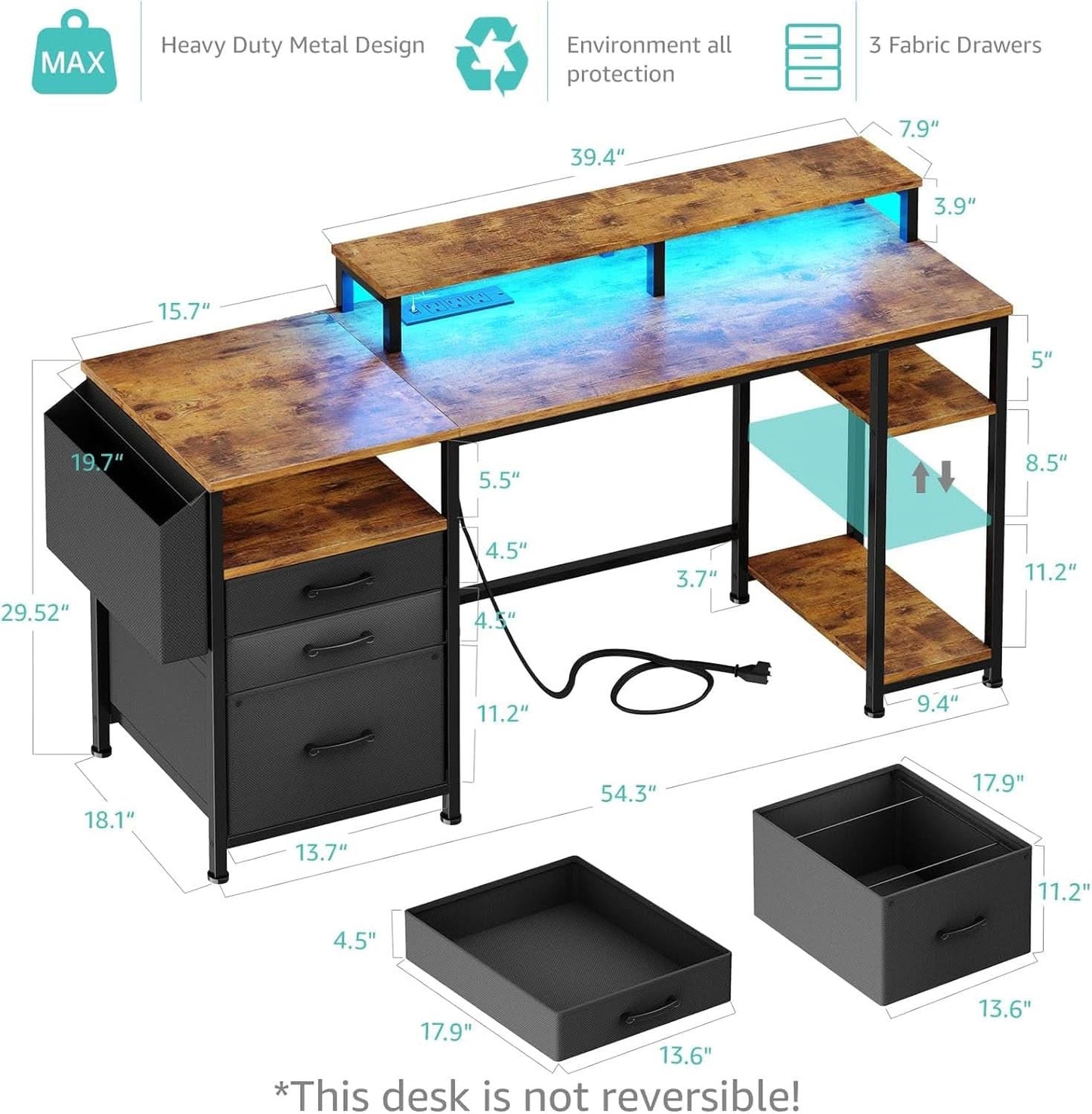 55 Inch Computer Desk With Power Outlets For Home Office