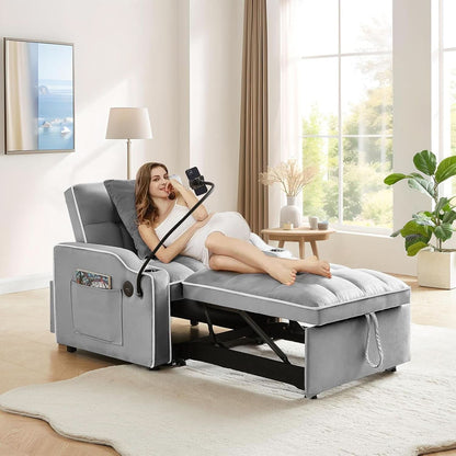 Convertible Sleeper Chair Bed with USB Ports and Holder