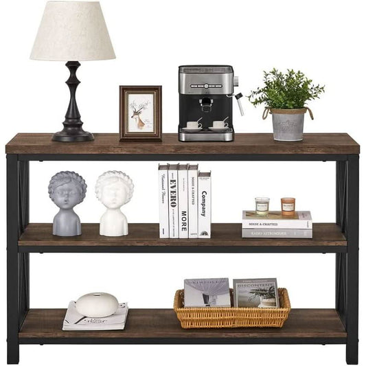 47 Inch Rustic Industrial Sofa Table With 3 Tier Shelves