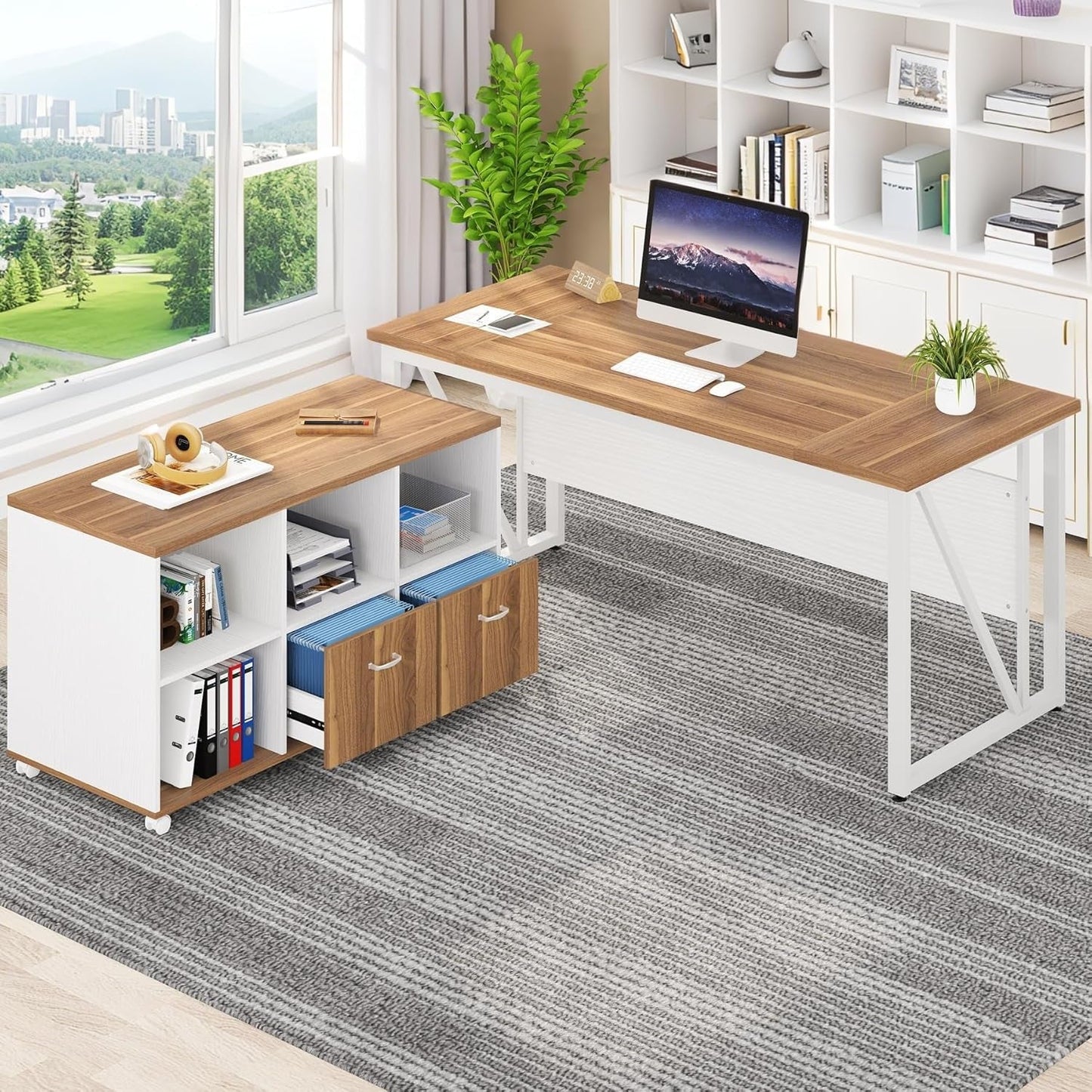 63Inch Walnut Executive Computer Desk With Cabinet