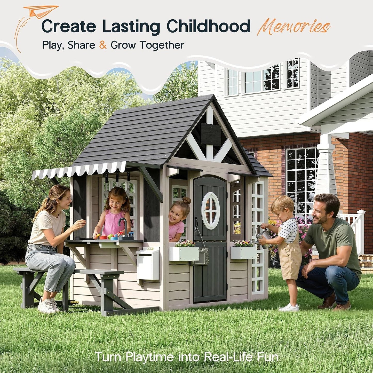 Large Wooden Outdoor Playhouse With Kitchen Features