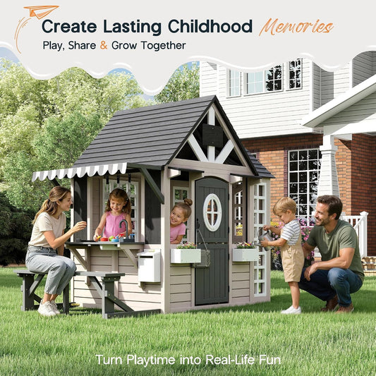 Large Wooden Outdoor Playhouse With Kitchen Features