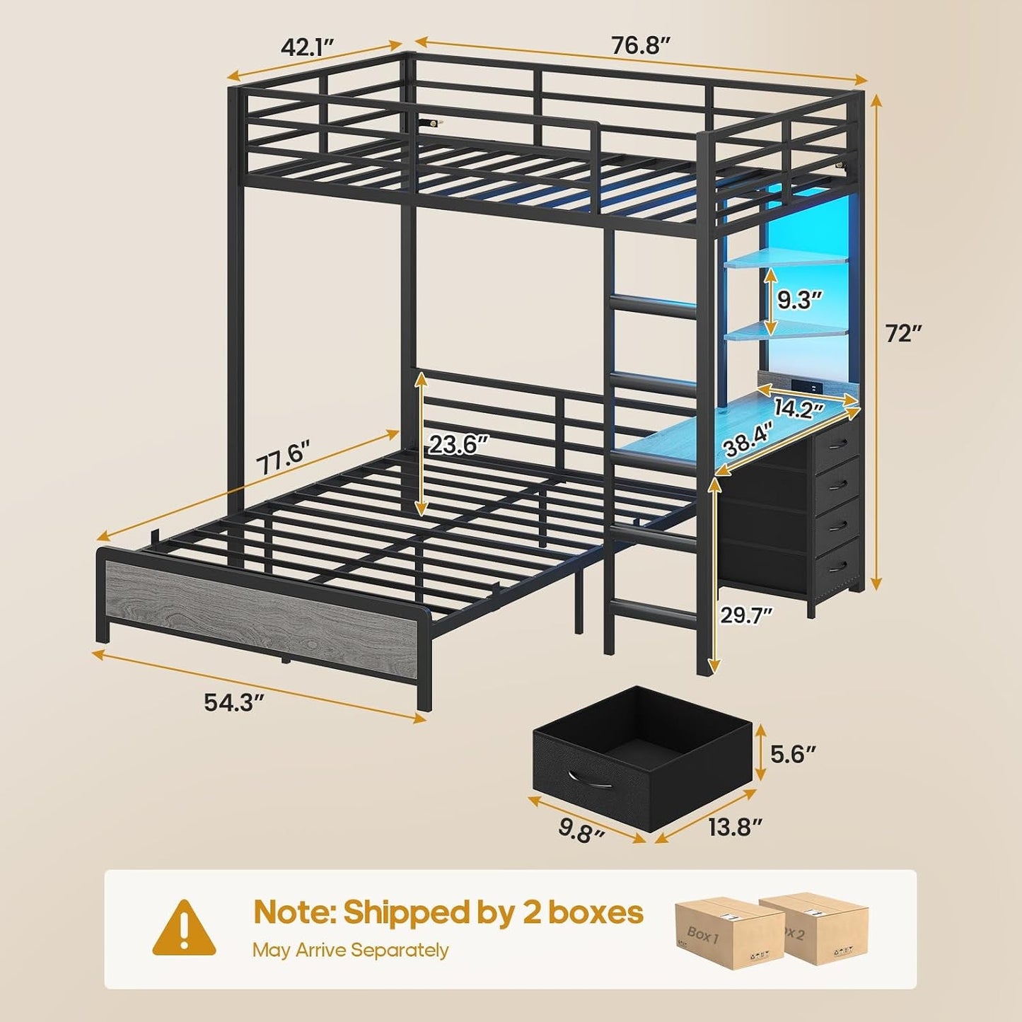 Twin Over Full Bunk Bed With Desk Charging Station Led Lights Grey