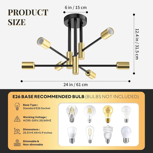 Modern Sputnik Chandelier Ceiling Light 6 Lights Black