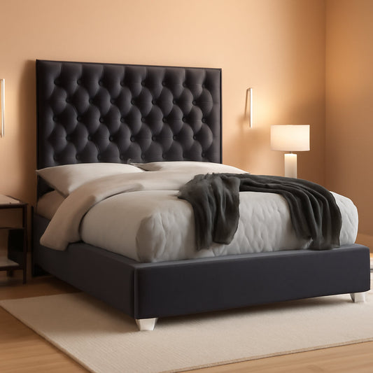Grey Velvet Queen Bed Deep Tufted Chrome Finish Lux Leatherette
