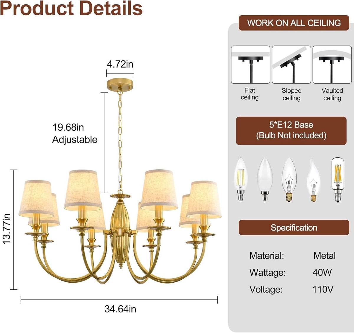 34.6in Eight Light Chandelier Over Table Fixture Living Room-2