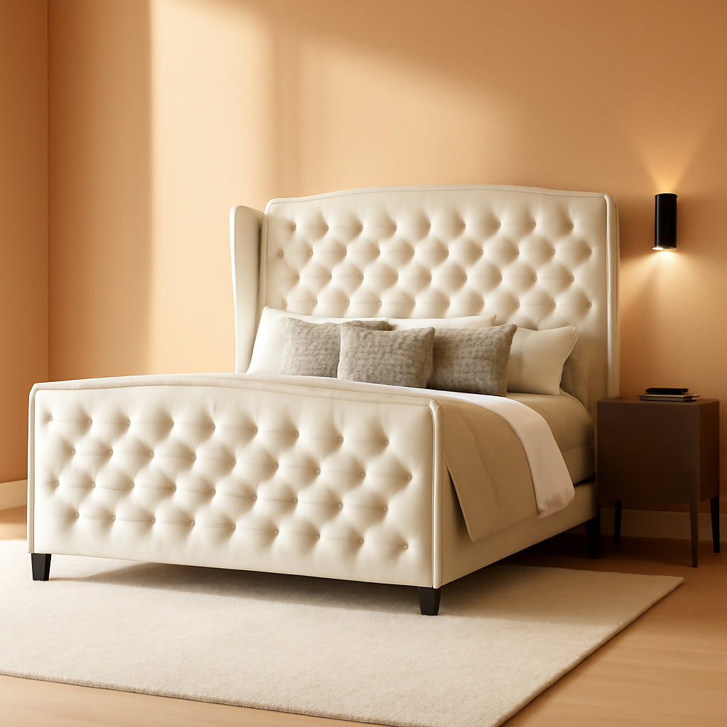 Queen Cream Velvet Upholstered Platform Bed Headboard