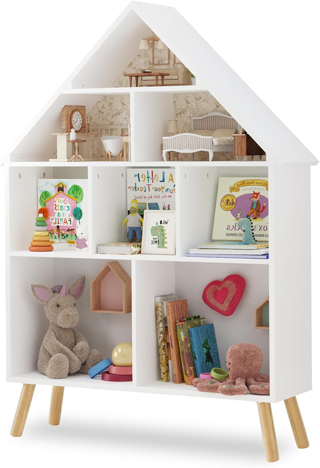 White Wooden Dollhouse Bookcase With 4Tier Storage