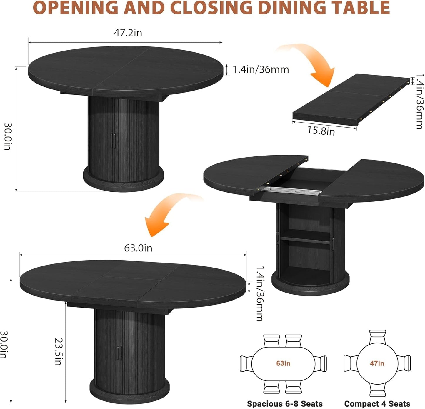 Extendable Circular Dining Table 47 Inch Black Walnut