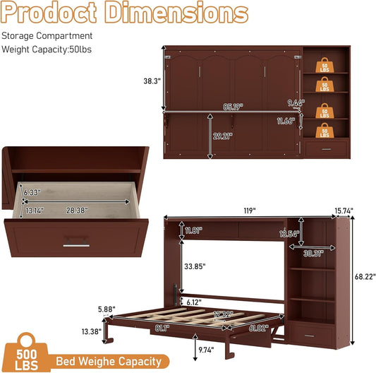 Queen Horizontal Murphy Bed With Desk Walnut Finish-1