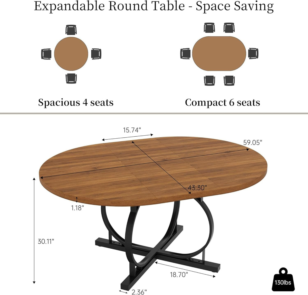 Extendable Round Dining Table Walnut Finish Modern