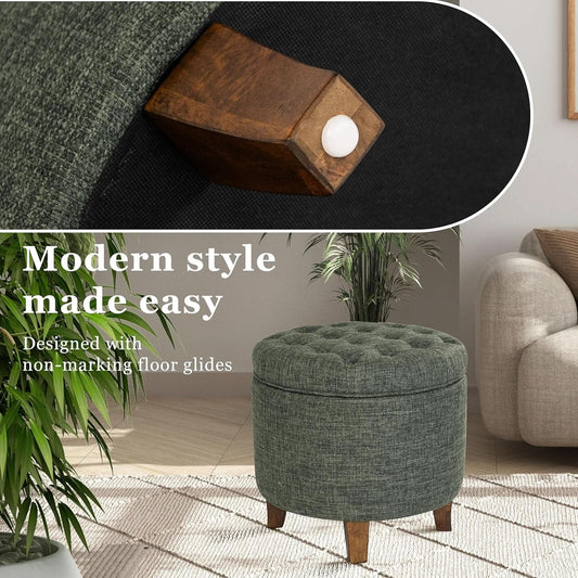 Green Clover Upholstered Round Tufted Ottoman Storage