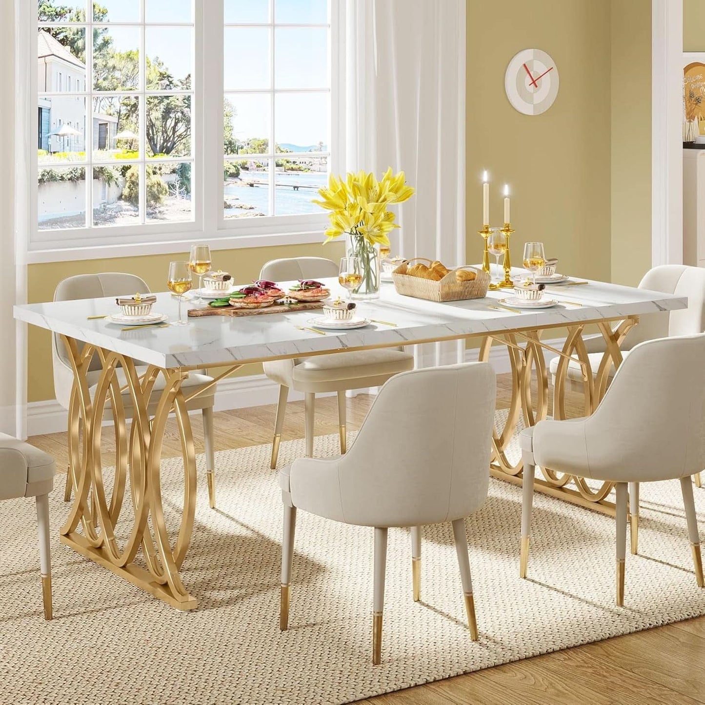 63 Inch Dining Table With Faux Marble Top For Kitchen And Dining Room-2