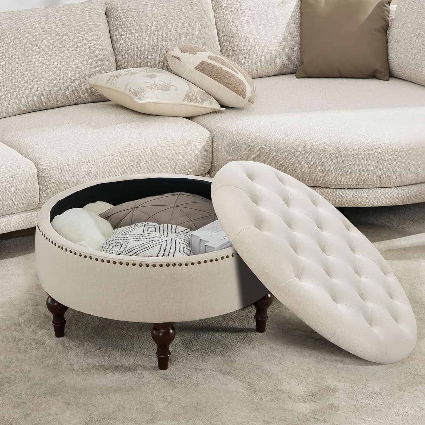 Large 31.5 Inches Round Storage Ottoman LinenBeige