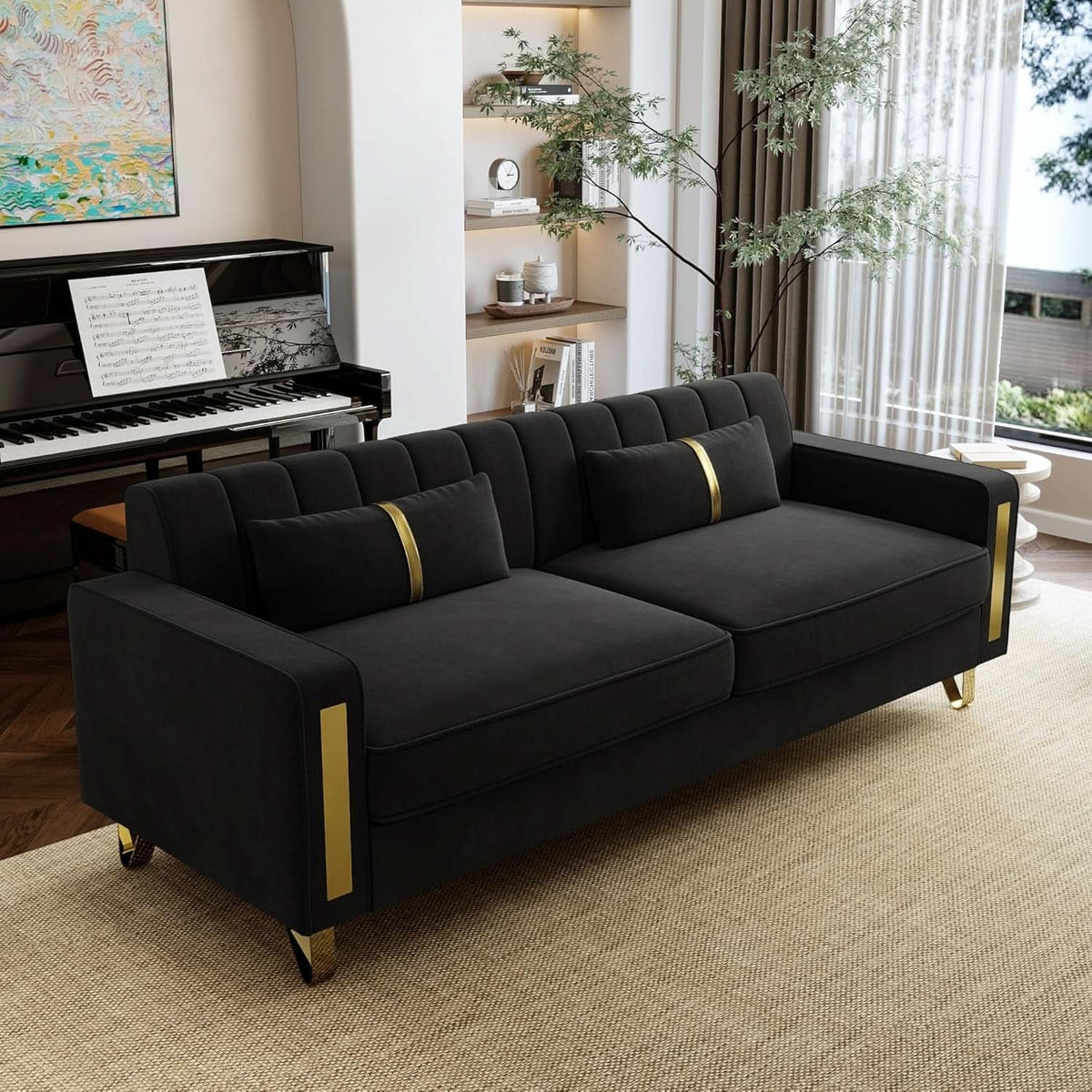 86-Inch Black Velvet Loveseat With Gold Metal Legs For Living Room-3