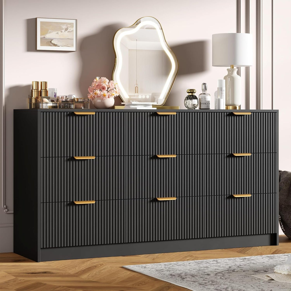 Multifunctional 59 Inches Wide Black Fluted Dresser
