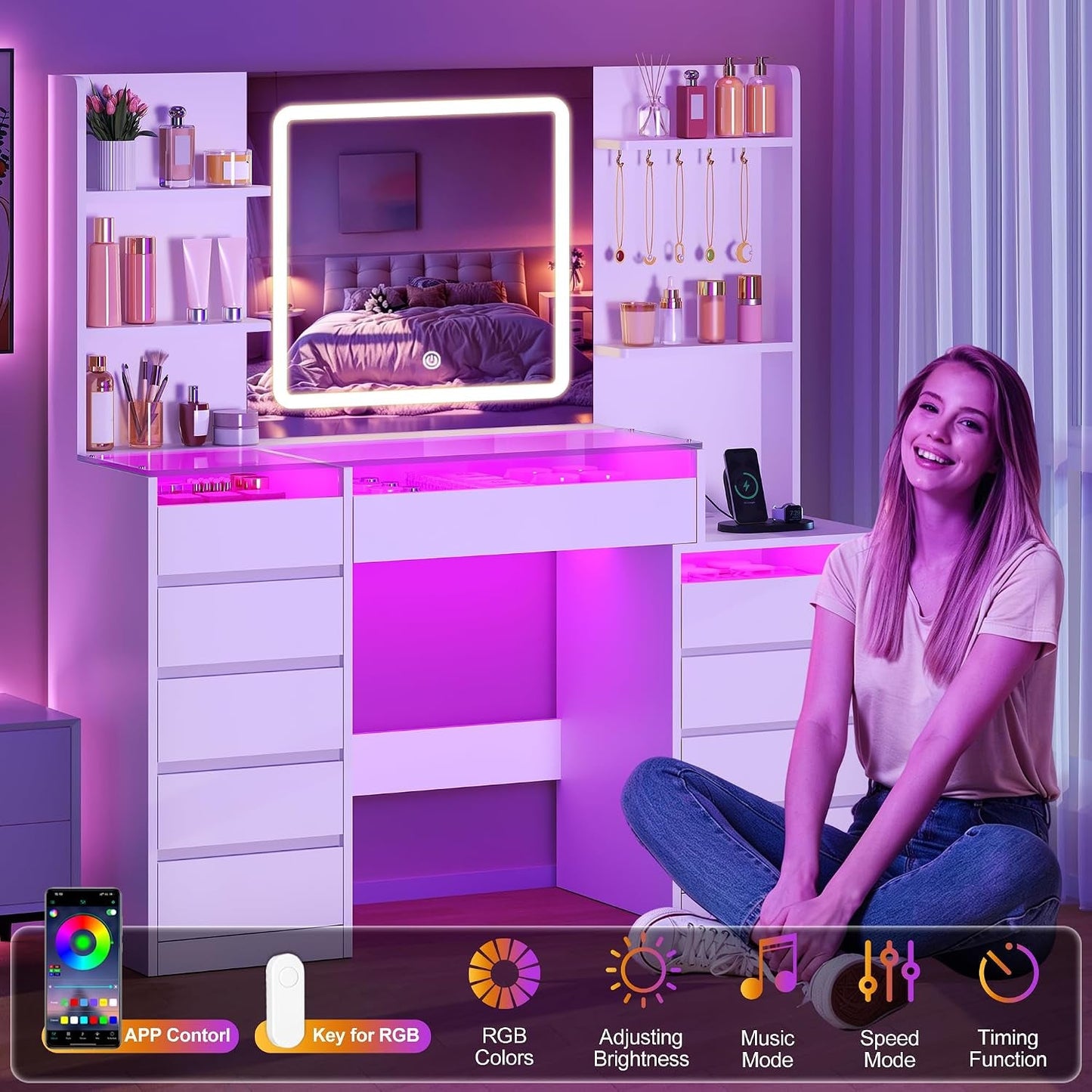 White Makeup Vanity With RGB Multicolor Illumination