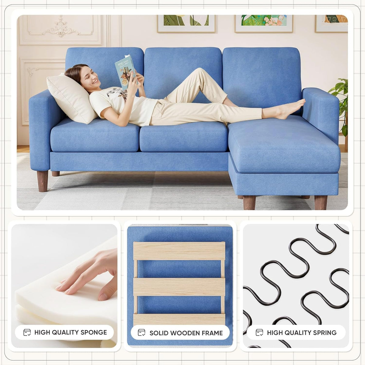 Blue Upholstered L Shaped Movable Sectional Couch Ottoman