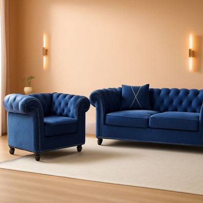 Blue Velvet 2 Piece Living Room Set Sofa Loveseat Chair For Living Room And Office