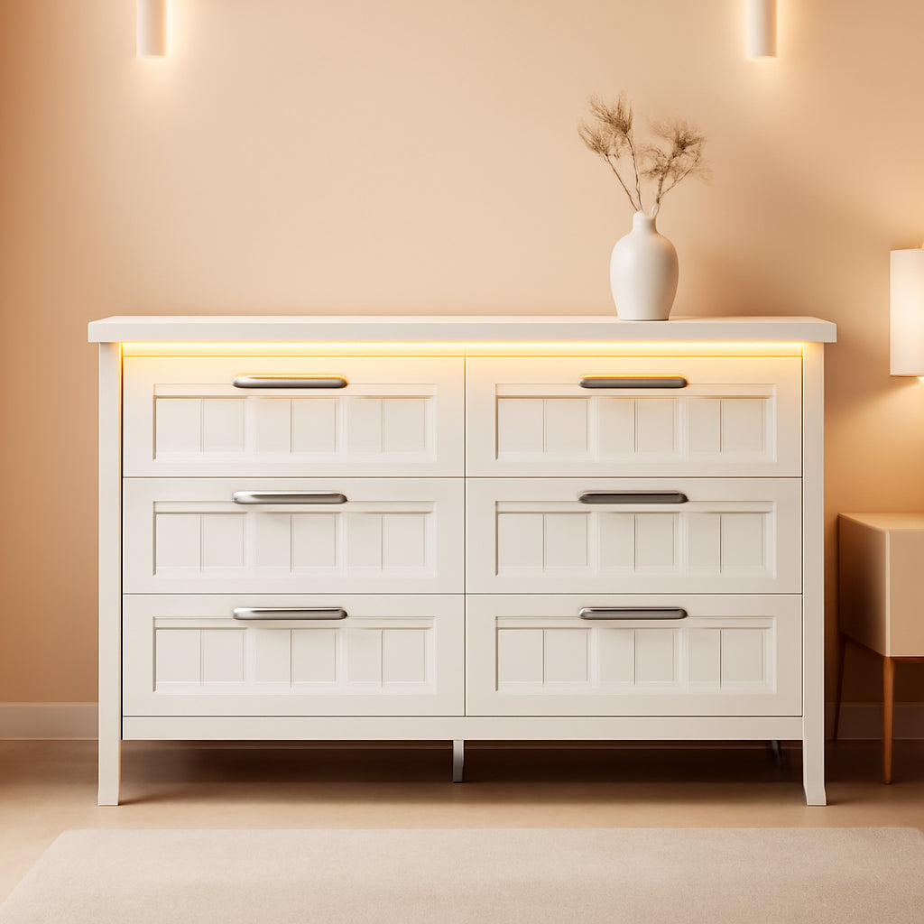 White Slim Modern Six Drawer Dresser With USB Charging-0