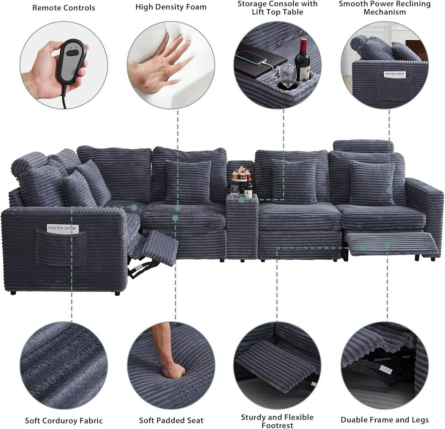 Grey Premium Power Recliner Modular Sectional Sofa