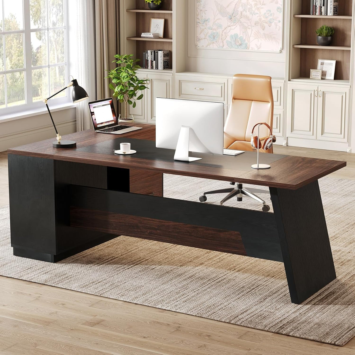 Brown 78Inch Executive Desk Featuring File Cabinet