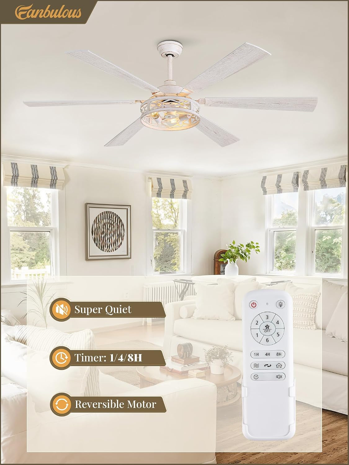 65 Inch White Caged Ceiling Fan With Remote
