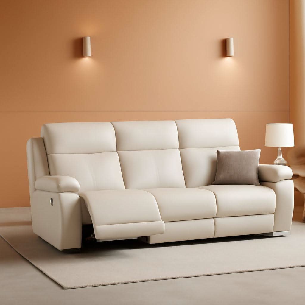 Genuine Leather Power Recliner Sofa Cream Upholstery
