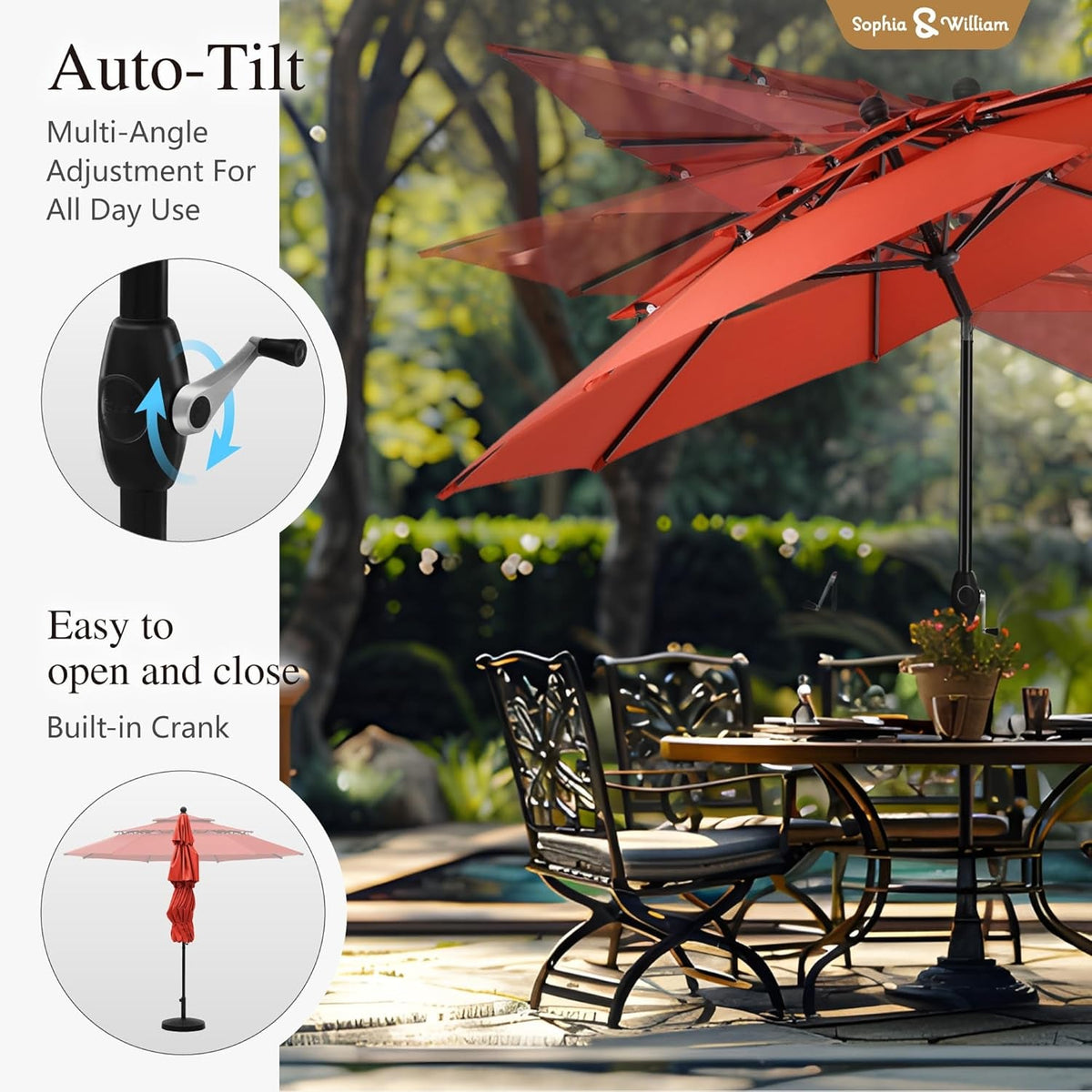 10Ft Auto Tilt Patio Umbrella Weather-Resistant Red