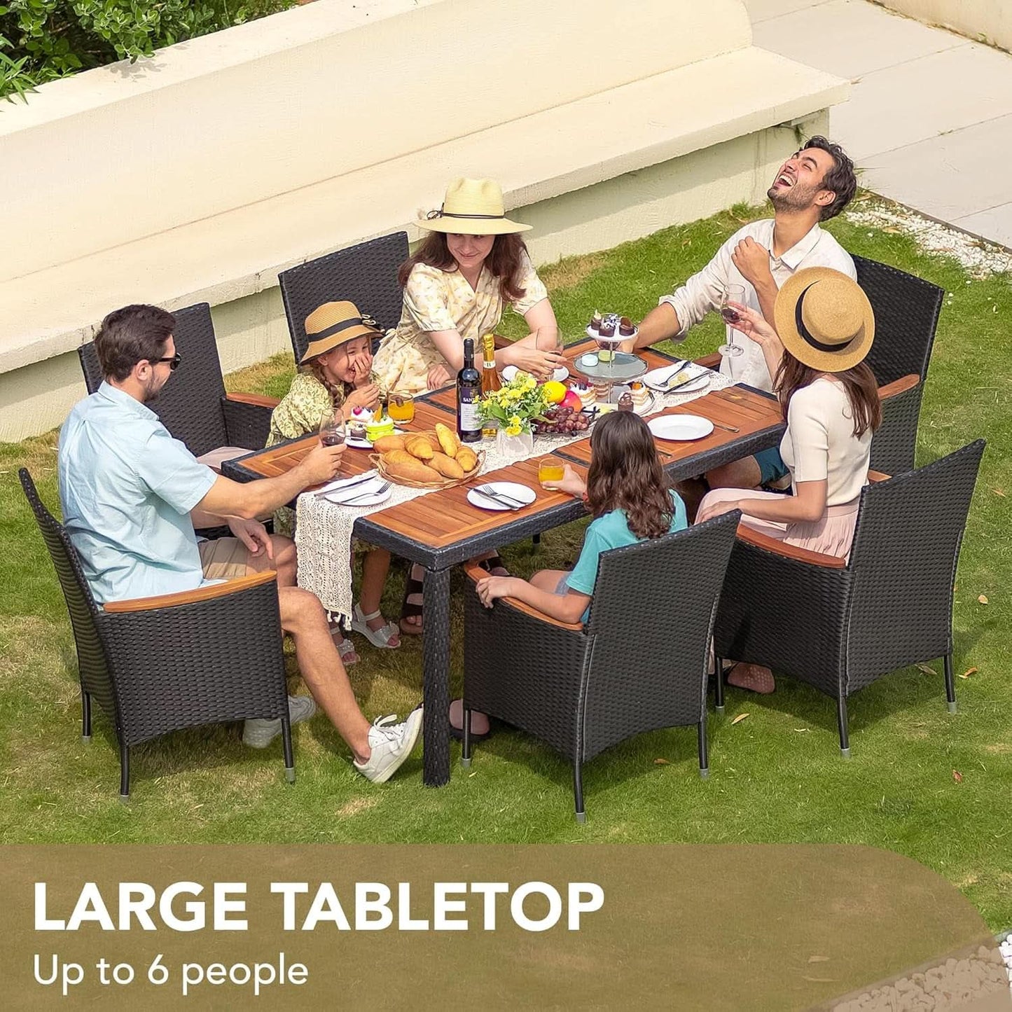 7 Piece Patio Dining Set Acacia Wood Table Black Rattan