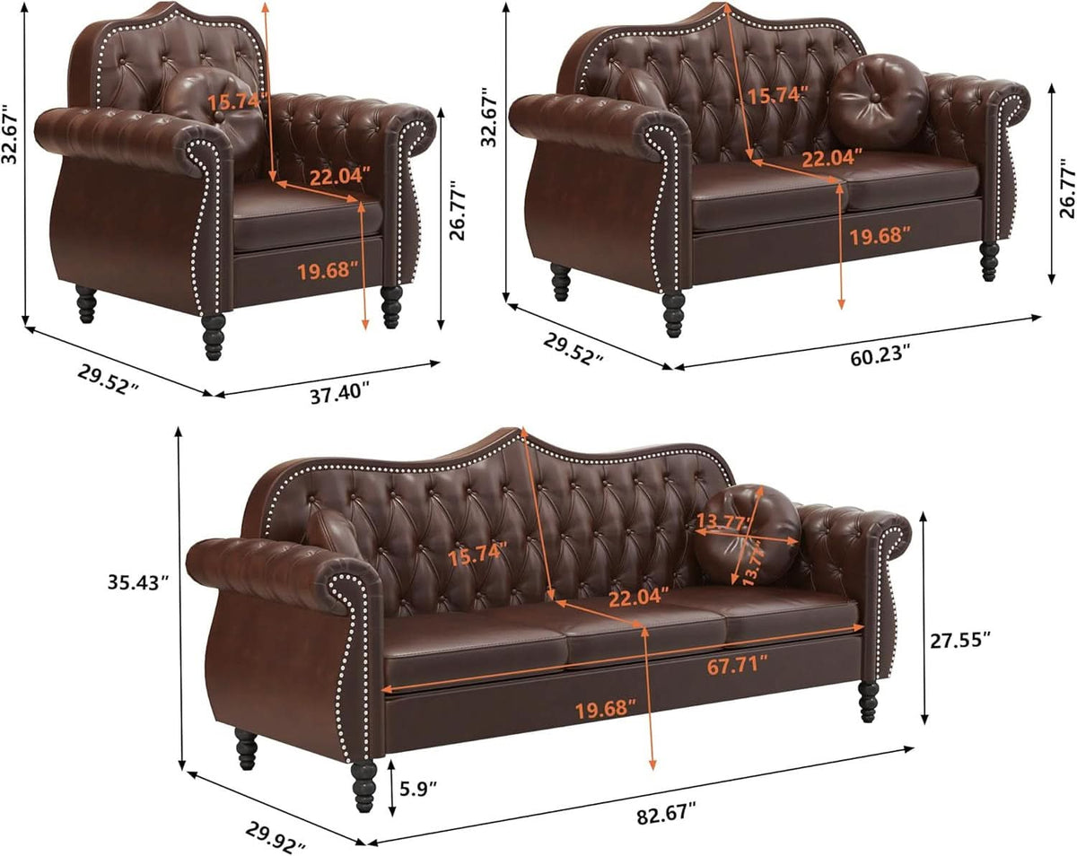 2 Piece Living Room Set Mid-Century Modern Chesterfield Chair Loveseat in Brown PU Leather Edition
