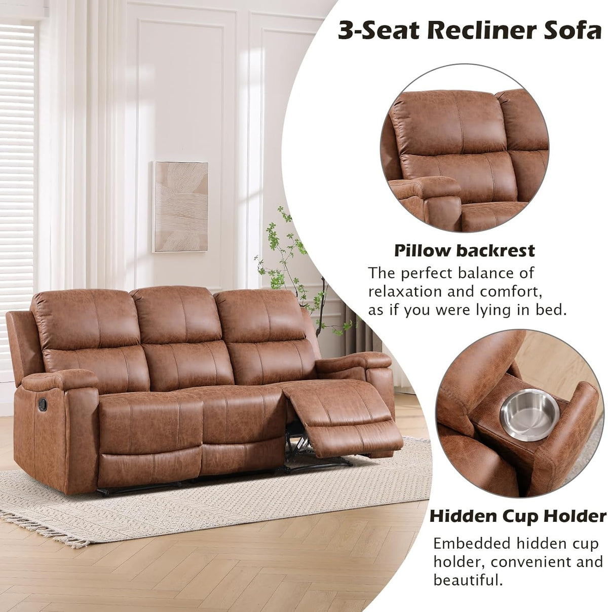 Brown Faux Leather Manual Reclining Overstuffed Sofa