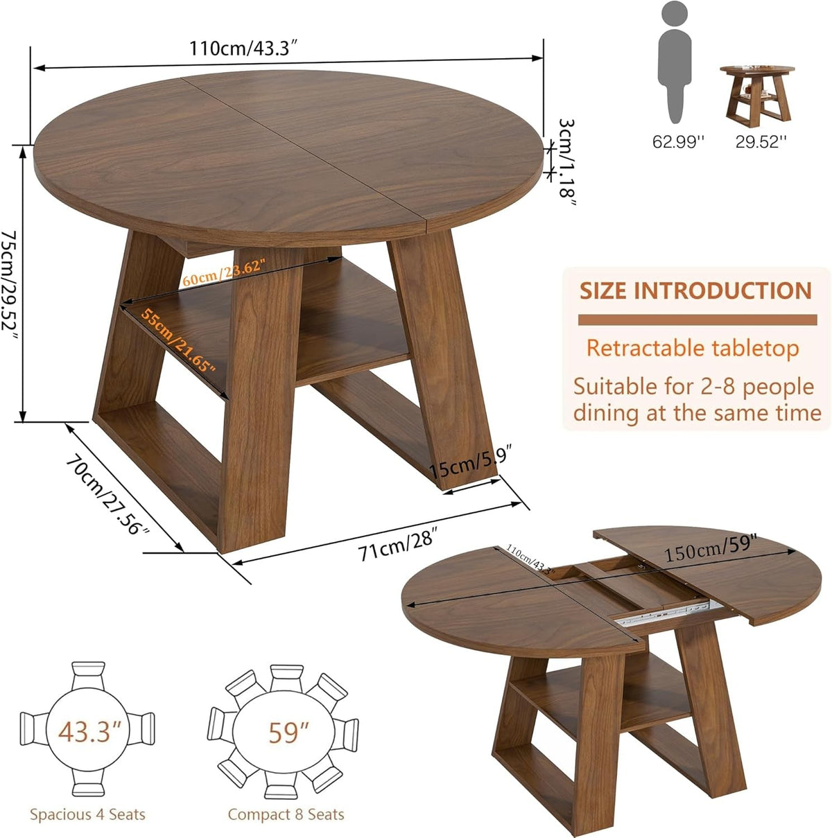 Extendable Round Dining Table 43.3-59 Inches Walnut