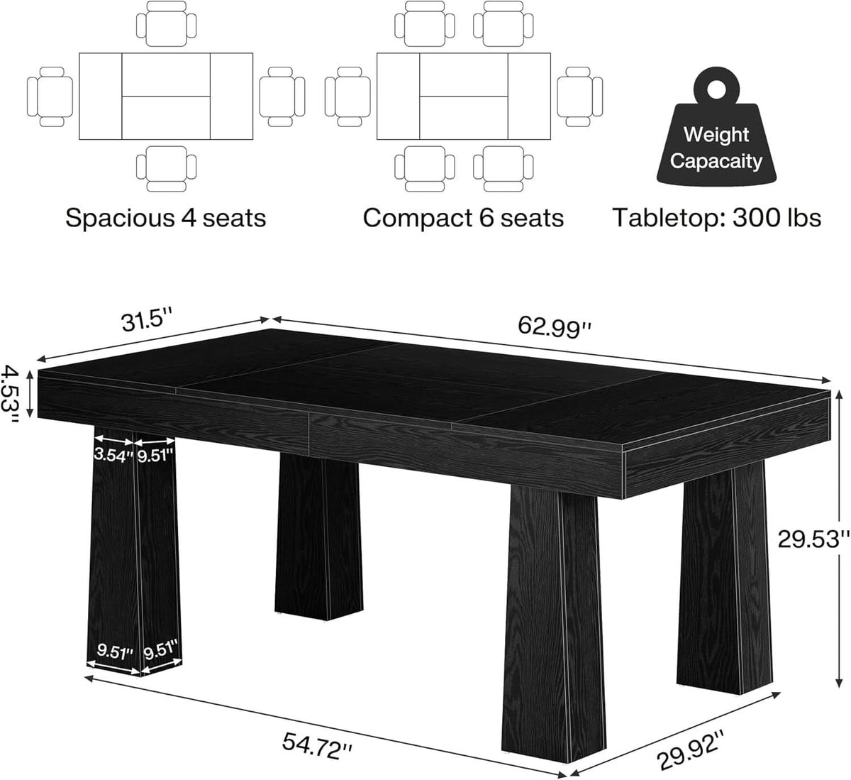 63 Inch Black Rectangular Dining Table With Heavy Duty Legs