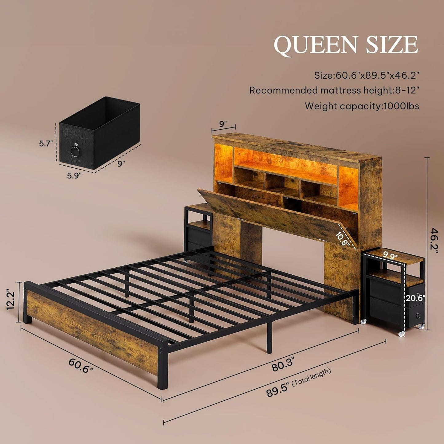 Queen Size Bed Frame With Bookcase Headboard RGBLED