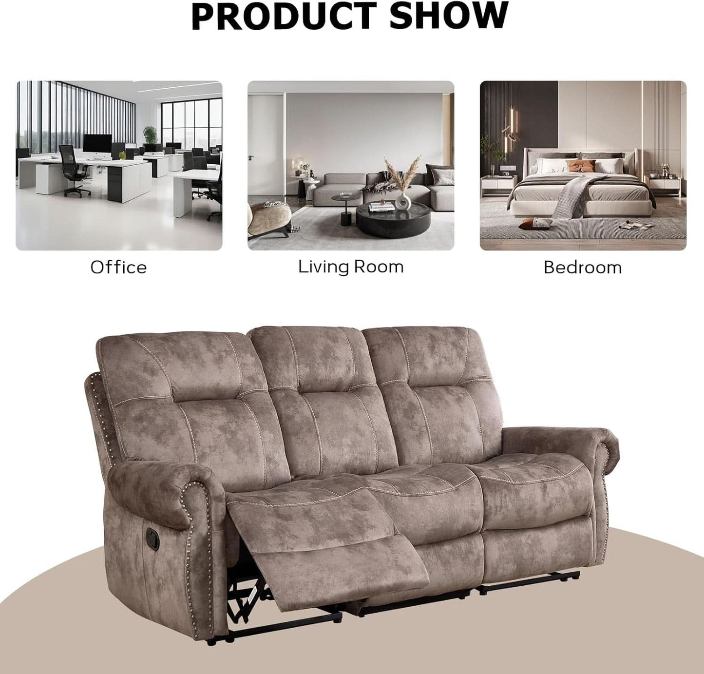 Manual Three Seat Reclining Upholstered Sofa Living Room