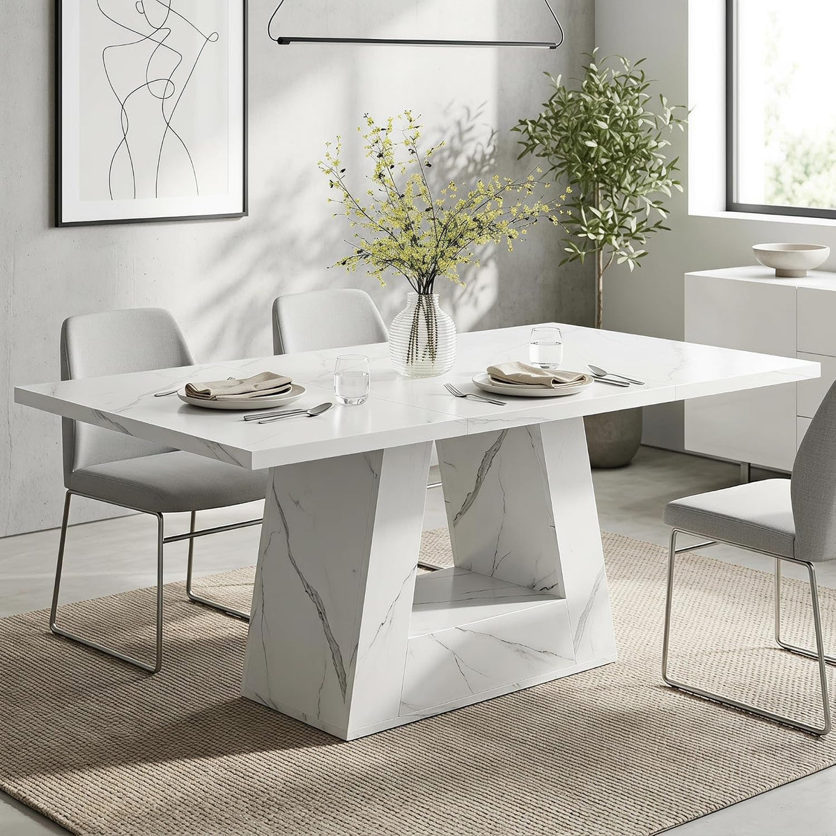 White Faux Marble Rectangular Dining Table Pedestal