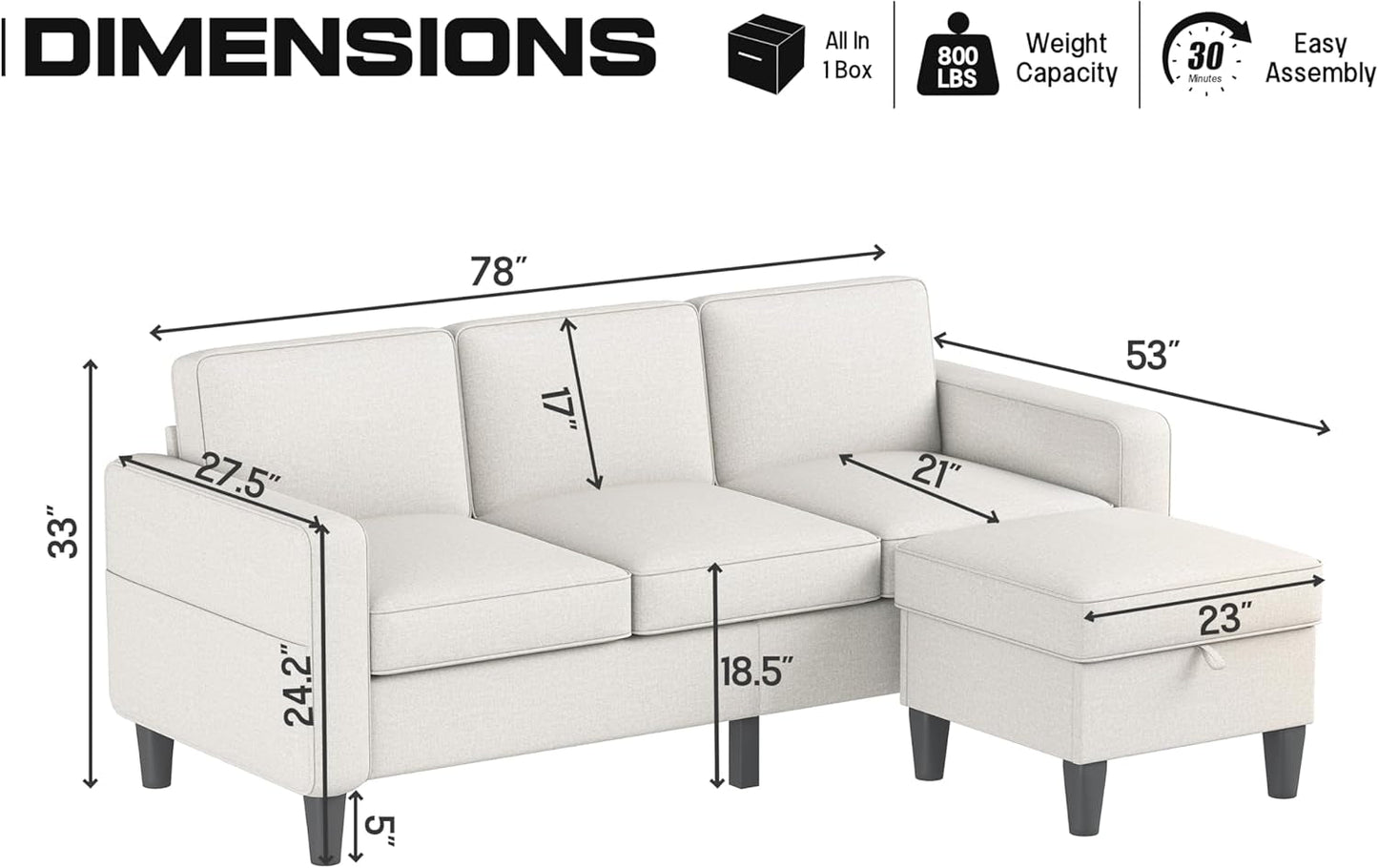 Seventy EightInch Beige Linen Sectional Sofa Storage