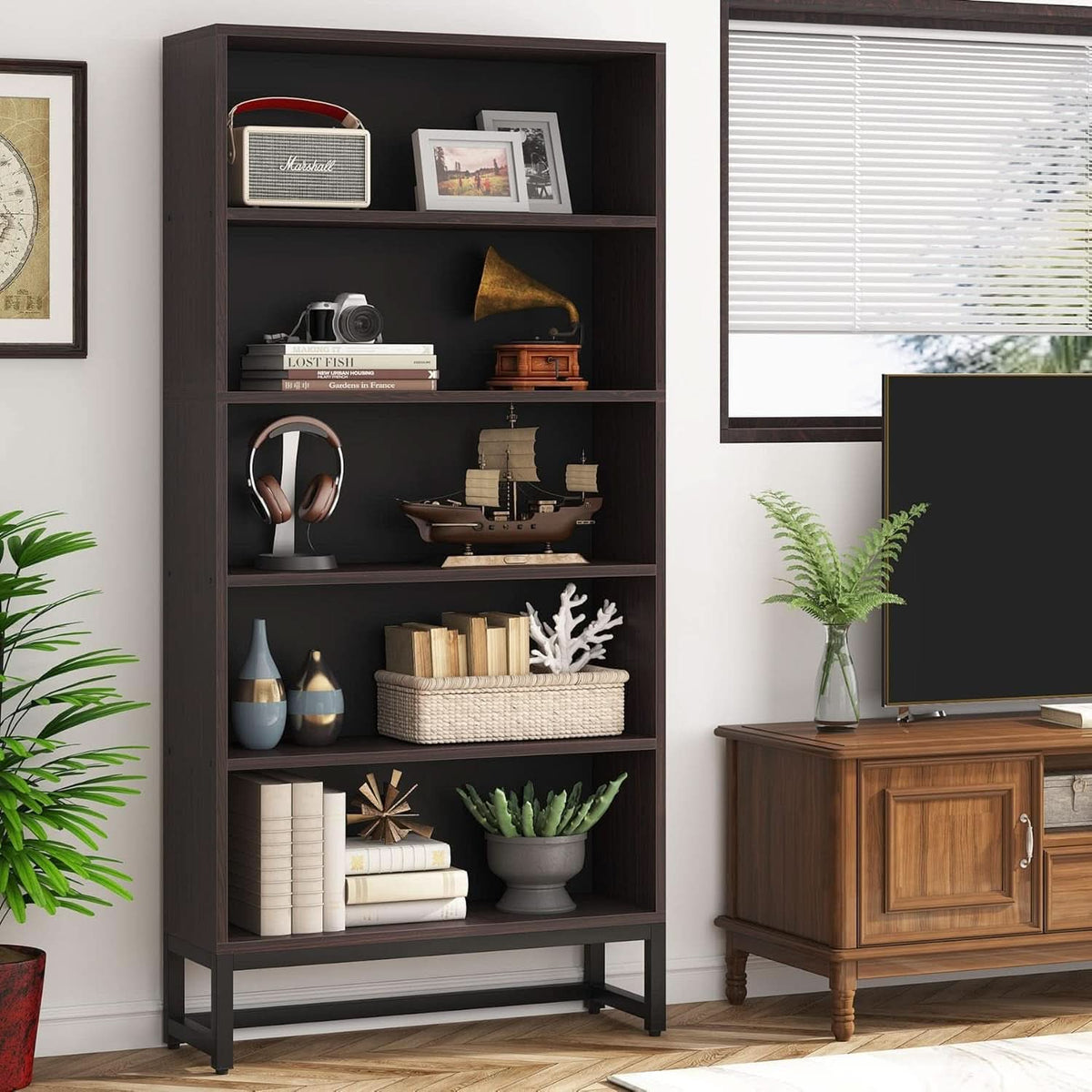 Tall Bookcase And Bookshelf 70.8 Inch Sandalwood Shelving-2