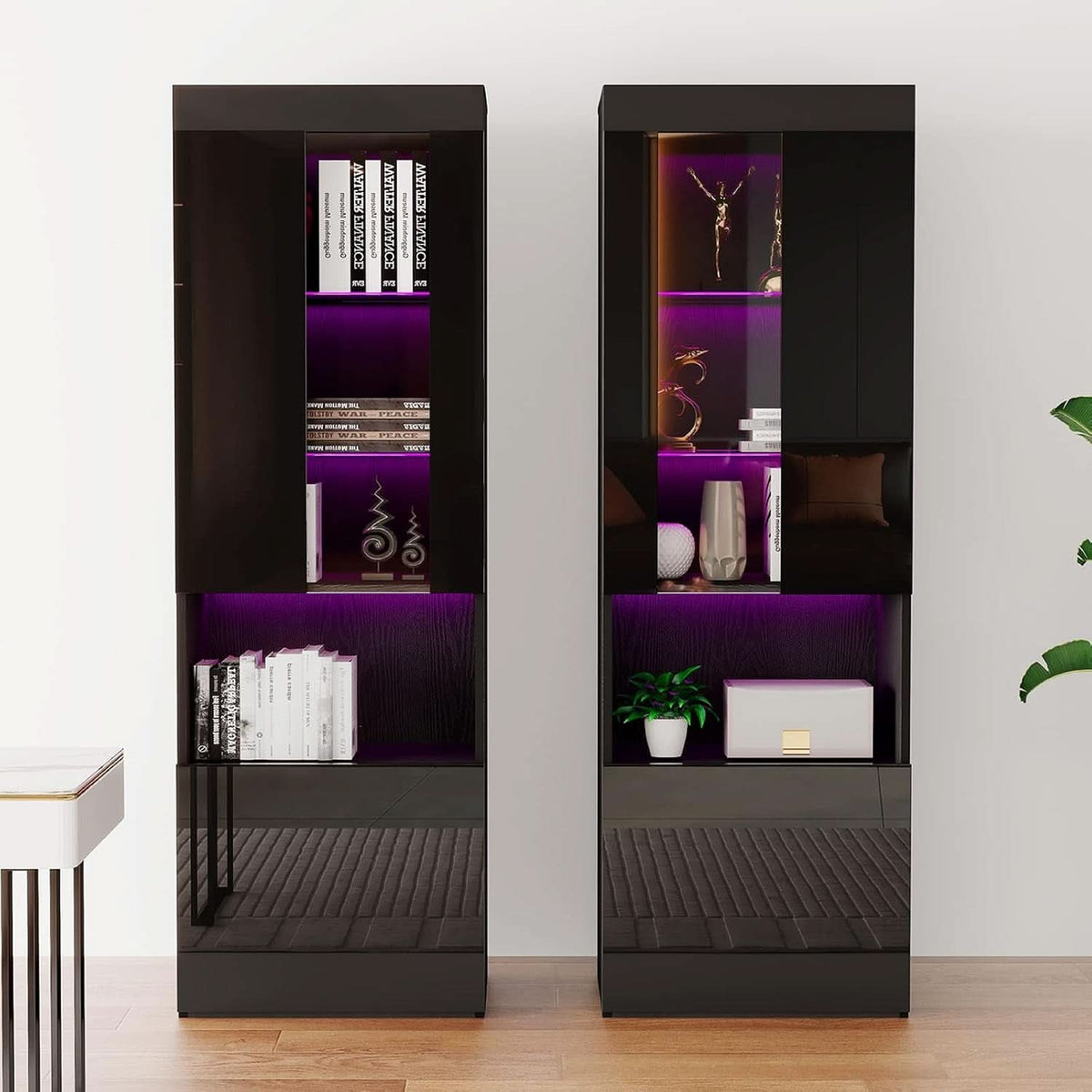 Two Piece 71 Inch Tall Bookcase Storage Cabinet With Glass Doors Set Of Two For Living Room And Office-2