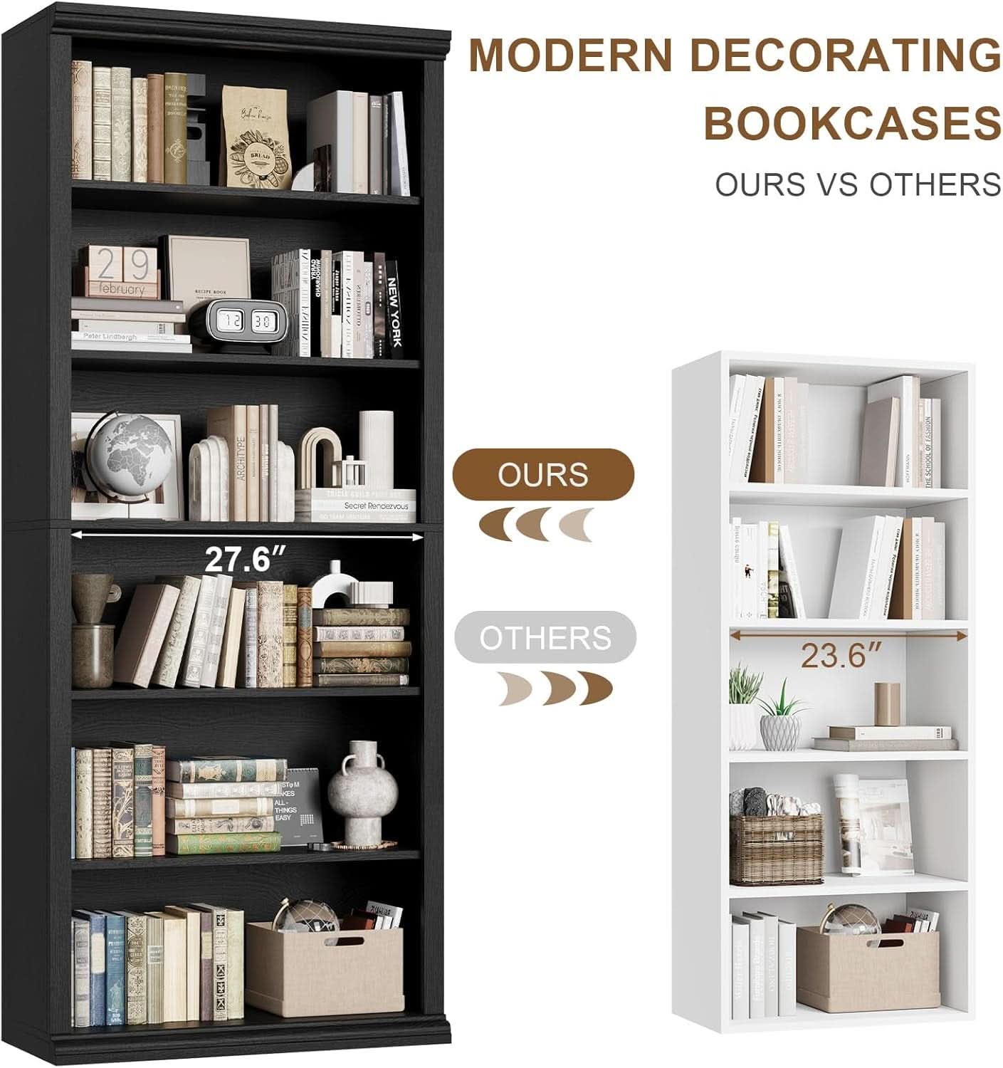 28 Inch Wide Tall Bookcase With Six Tiers For Home Office Storage For Living Room Organization-3