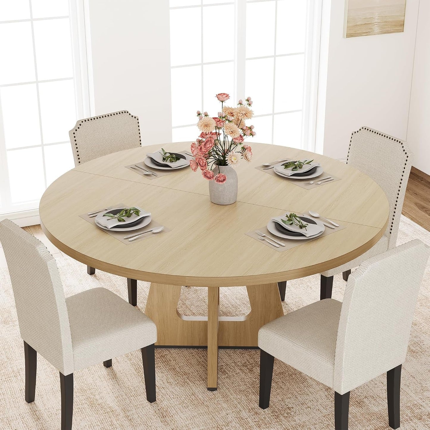 Extendable Round Dining Table Natural Hardwood Pedestal