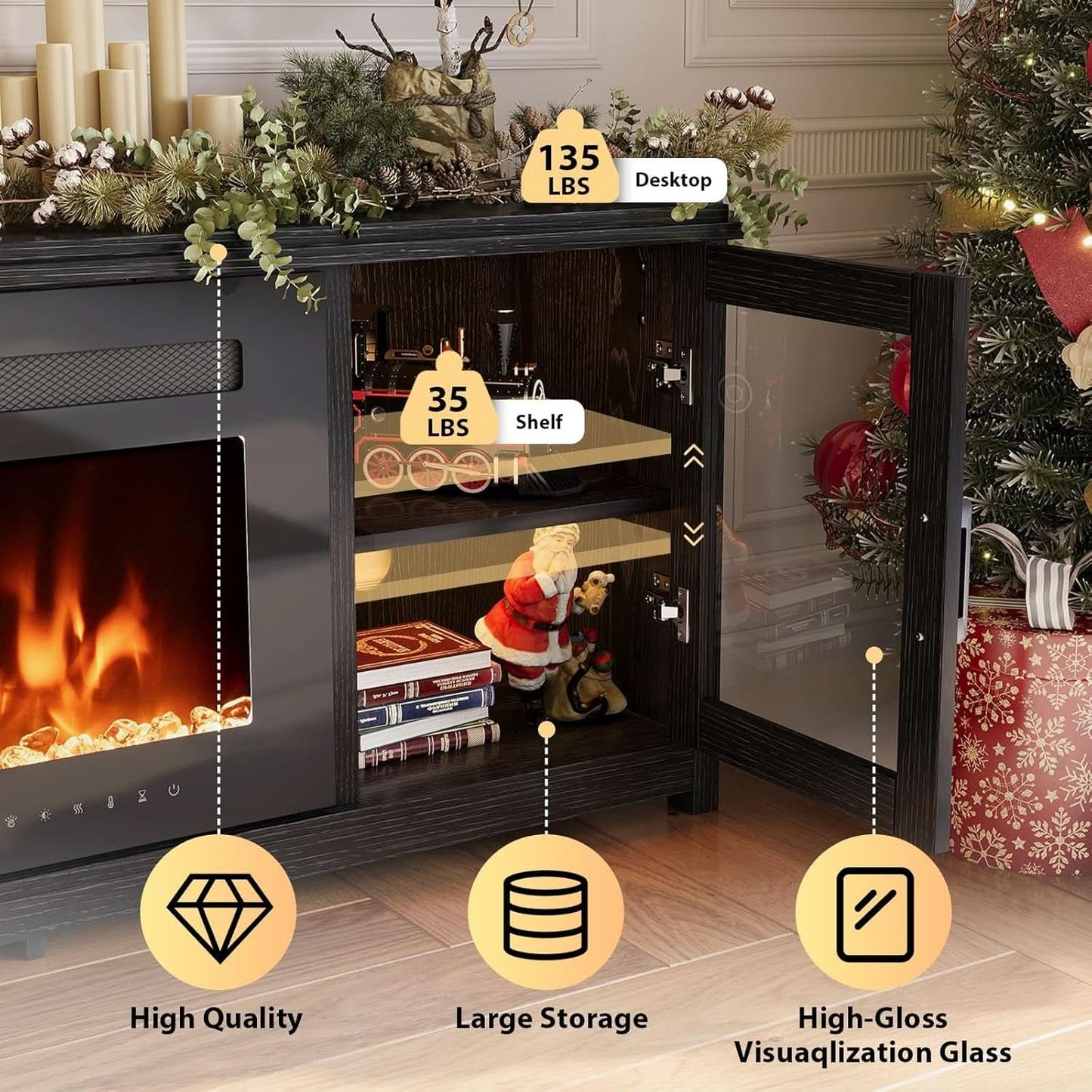 80 Inch Black Modern Fire place TV Entertainment Center