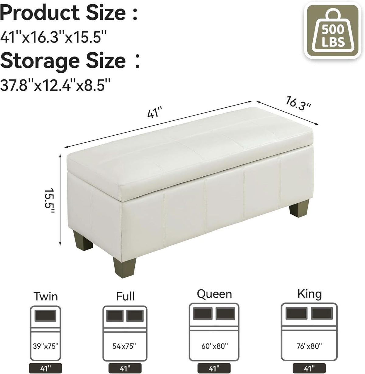41-Inch White Faux Leather Storage Ottoman End-Of-Bed