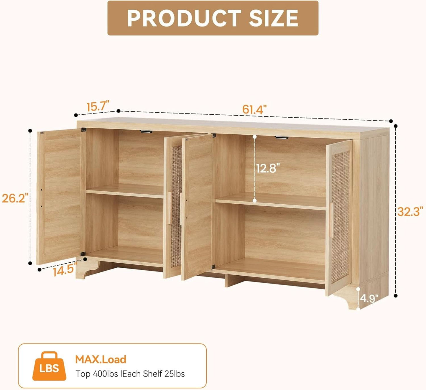 Natural Rattan Four Door Sideboard Cabinet Engineered Wood-1