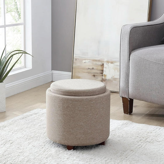 Linen Beige Architectural Storage Ottoman With Lid