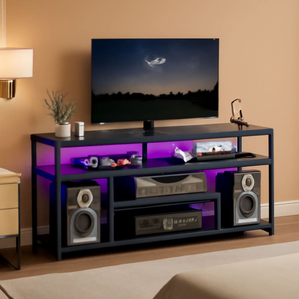 Matte Black LED Illuminated TV Stand Charging Station